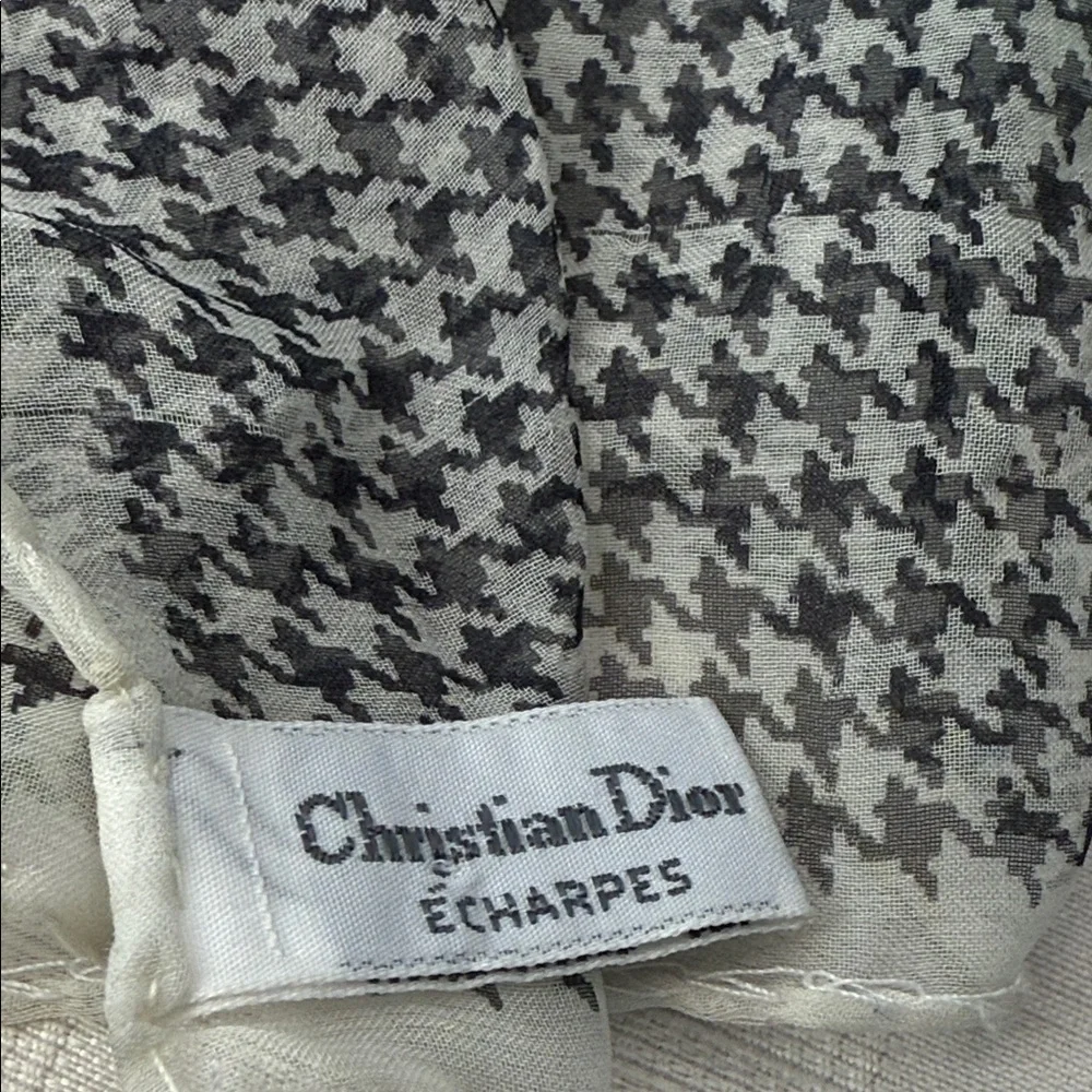 Vintage Christian Dior Houndstooth Scarf /wrap with Green Rose